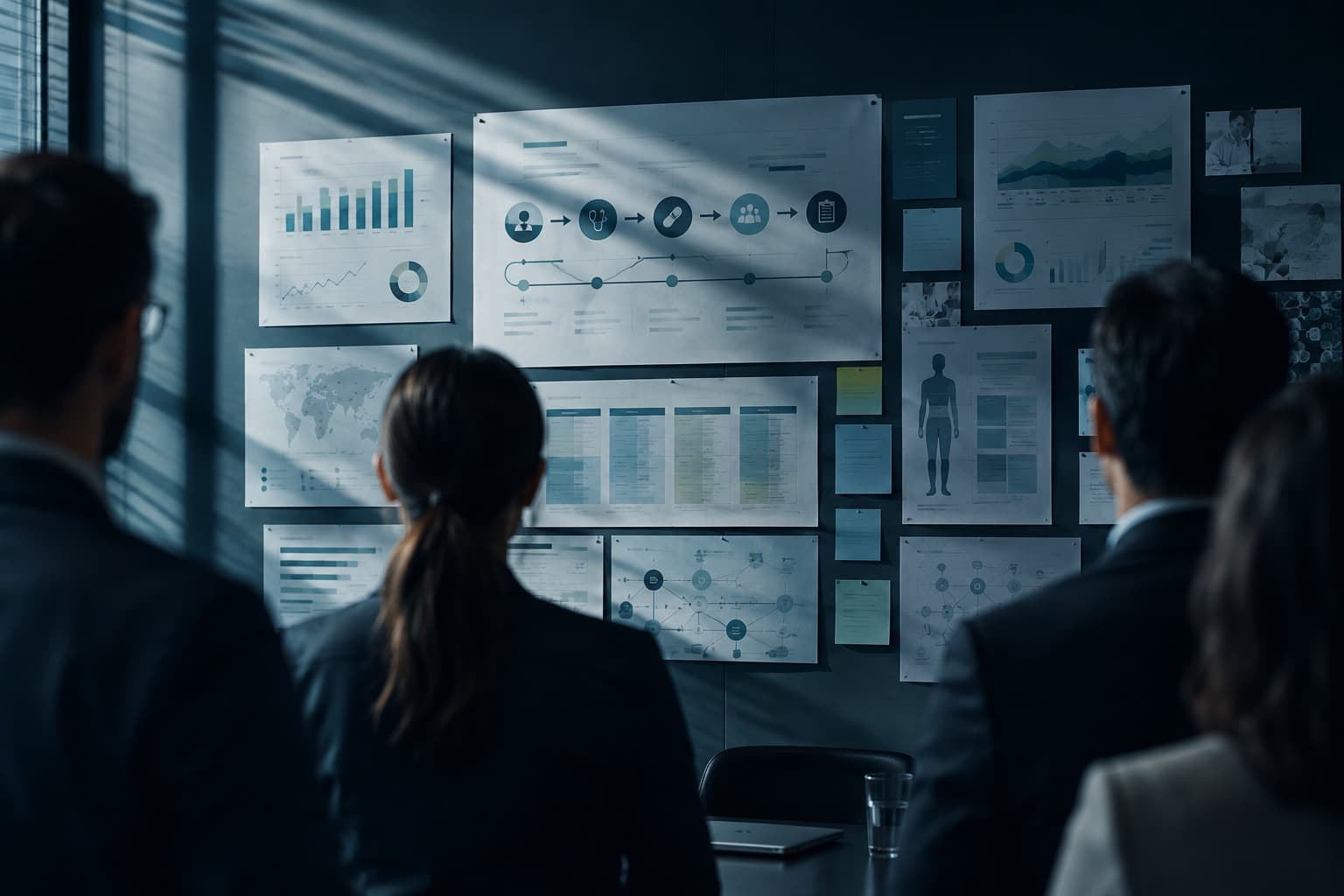 A pharmaceutical marketing strategy session — clinical data and campaign planning on a meeting-room wall